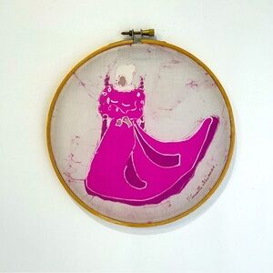 Signed Hand painted silk embroidery silk art on wood hoop 7”